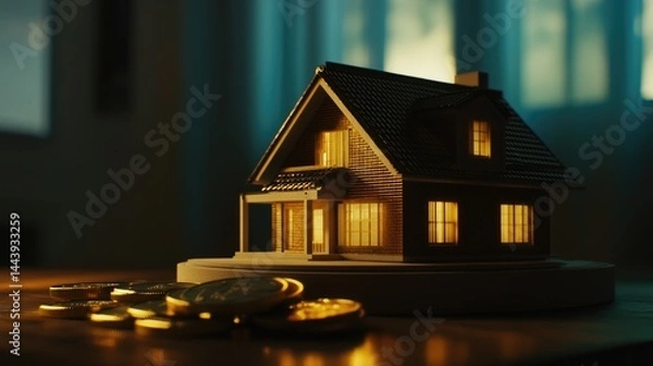 Fototapeta A golden coin stack with a miniature house model, symbolizing real estate finance and investment