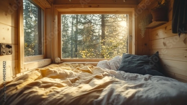 Fototapeta Freshly made bed in a small house, natural wood details, sunlight pouring in. generative ai