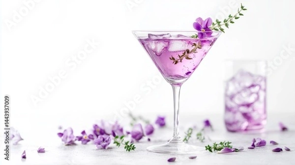 Obraz Glamorous violet martini with floral notes and thyme, cocktail photography on a white background. generative ai