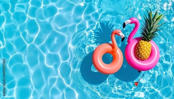 Fototapeta Sun-Kissed Reflections Floating on Serene Waters A Summer's Dream with Inflatable Flamingo Pool Floats Embracing the Essence of Carefree Summertime Joy