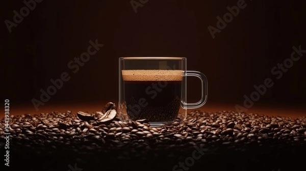Obraz Glass coffee mug surrounded by coffee grounds and beans, minimal background generative ai