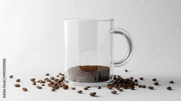 Obraz Glass coffee mug surrounded by coffee grounds and beans, minimal background generative ai