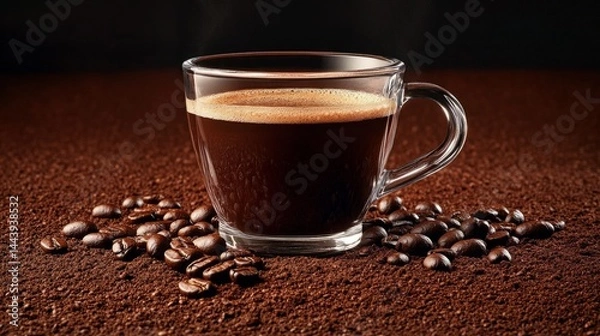 Obraz Glass coffee mug surrounded by coffee grounds and beans, minimal background generative ai