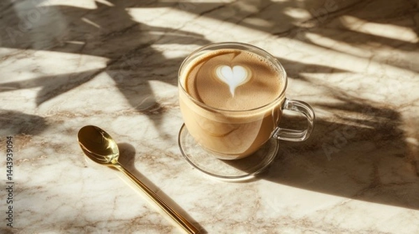 Obraz Glass cup of cappuccino on marble table, golden spoon on the side, luxury coffee moment generative ai
