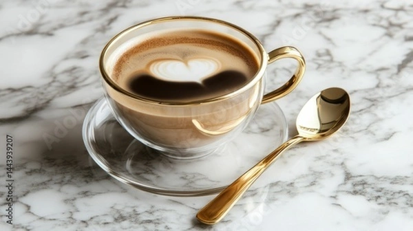 Obraz Glass cup of cappuccino on marble table, golden spoon on the side, luxury coffee moment generative ai