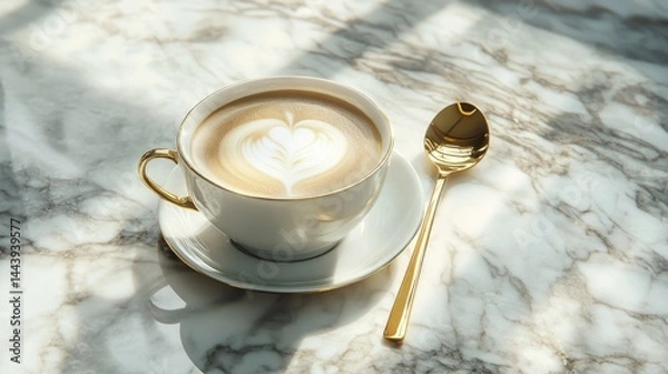 Obraz Glass cup of cappuccino on marble table, golden spoon on the side, luxury coffee moment generative ai