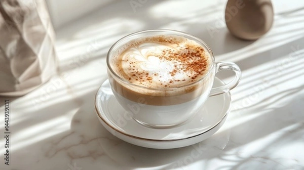 Fototapeta Glass cappuccino cup with foam sprinkled with cinnamon, elegant table setting generative ai