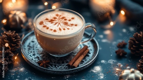 Obraz Glass cappuccino cup with foam sprinkled with cinnamon, elegant table setting generative ai