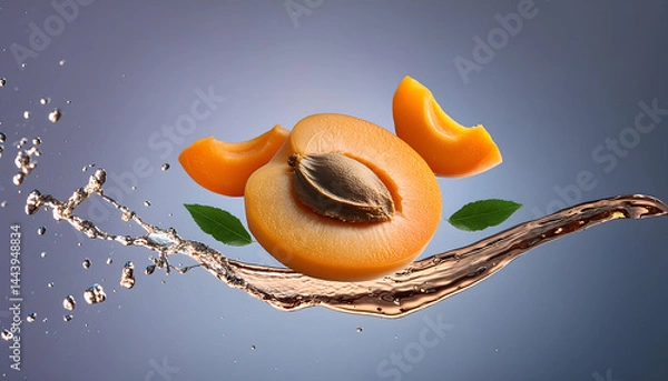 Obraz Infuse your creative projects with vibrant energy using this stunning high-resolution photo of a juicy apricot in a powerful liquid explosion. Captured with precision in a professional studio setup