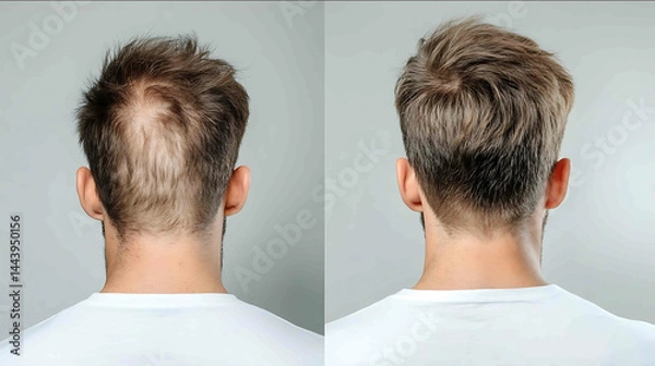 Fototapeta A professionalgrade backview beforeandafter collage zoomed out by 15x left square frame showing the same man with severe alopecia almost no hair visible bald spots receding hairline