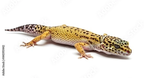 Fototapeta Studio portrait of a leopard gecko on a bright white background, body in a crawling position, detailed skin pattern in yellow and brown, tail curled slightly
