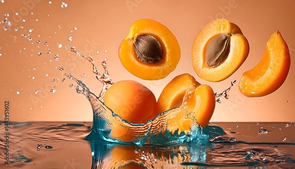 Obraz Infuse your creative projects with vibrant energy using this stunning high-resolution photo of a juicy apricot in a powerful liquid explosion. Captured with precision in a professional studio setup