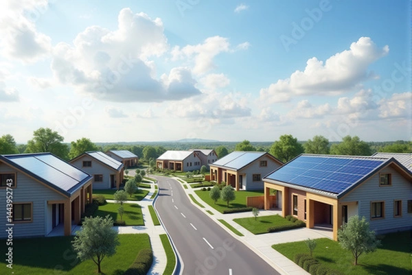 Obraz A bird's-eye view of a neighborhood with multiple houses, each featuring solar panels on their rooftops