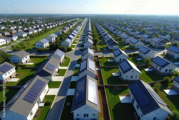 Obraz A bird's-eye view of a neighborhood with multiple houses, each featuring solar panels on their rooftops
