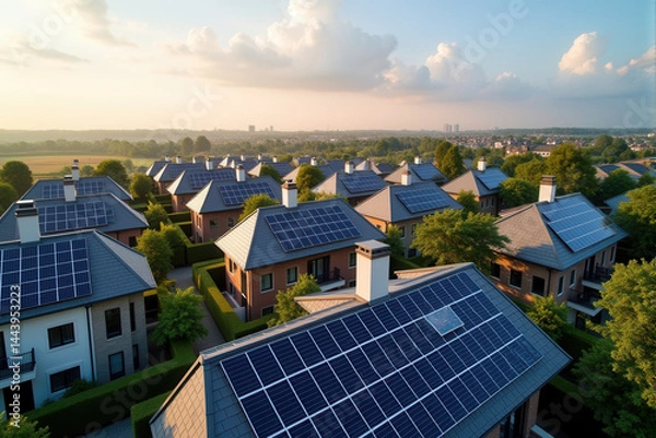 Obraz A bird's-eye view of a neighborhood with multiple houses, each featuring solar panels on their rooftops