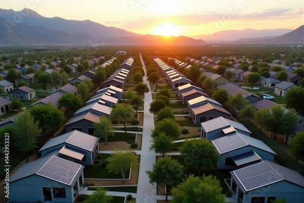 Obraz A bird's-eye view of a neighborhood with multiple houses, each featuring solar panels on their rooftops
