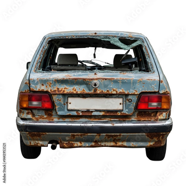 Fototapeta Decayed Auto: Back View of a Heavily Rusted and Damaged Car
