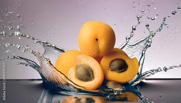 Obraz Infuse your creative projects with vibrant energy using this stunning high-resolution photo of a juicy apricot in a powerful liquid explosion. Captured with precision in a professional studio setup