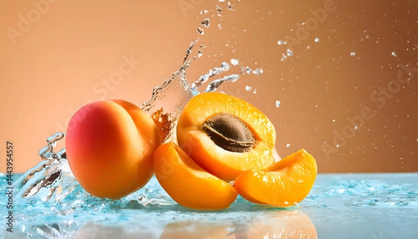 Obraz Infuse your creative projects with vibrant energy using this stunning high-resolution photo of a juicy apricot in a powerful liquid explosion. Captured with precision in a professional studio setup