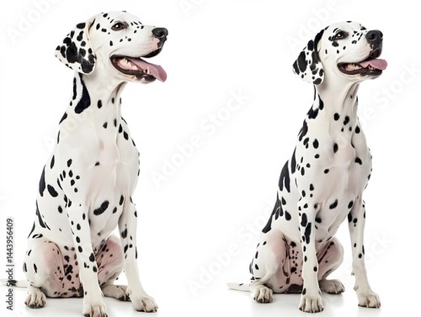 Fototapeta happy dalmatian dog collection (portrait, sitting, standing) isolated on a white background as transparent PNG, animal bundle , embracing tranquil simplicity