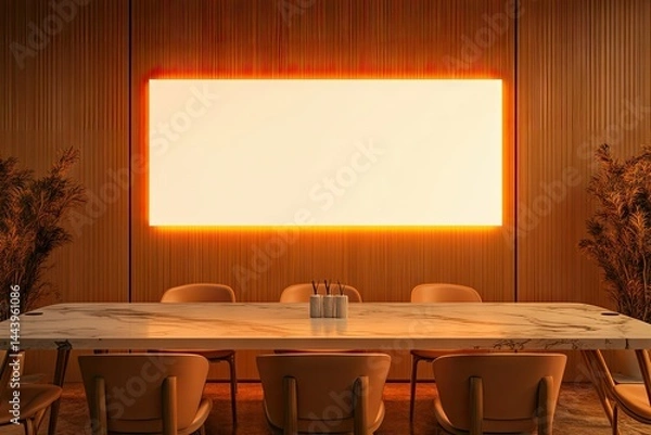 Fototapeta A modern conference room featuring a large illuminated screen. a sleek marble table. and stylish chairs. creating a professional atmosphere for meetings and presentations