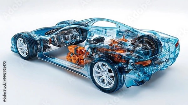 Fototapeta Transparent electric car concept with visible internal engine components and futuristic vehicle design
