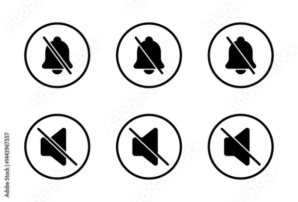 Fototapeta Silent bell and mute speaker icon set on circle line. Off sound and no audio sign symbol