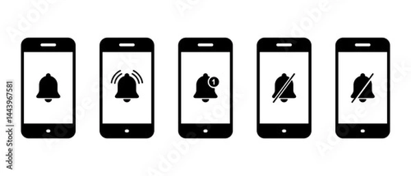 Fototapeta Notification bell on mobile phone icon set collection. Smartphone alarm sign symbol