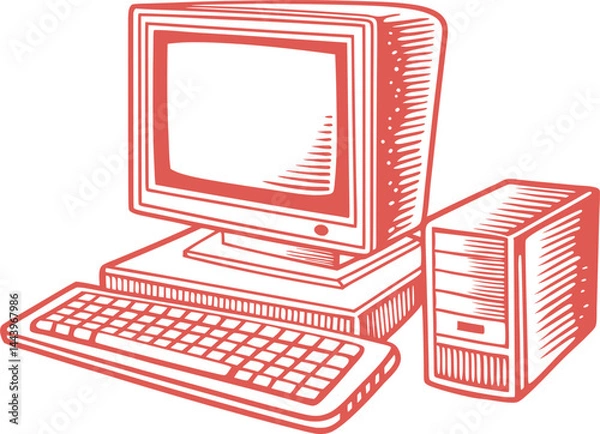 Fototapeta A monochromatic line art illustration of a retro desktop computer setup, including a CRT monitor, keyboard, and tower.
