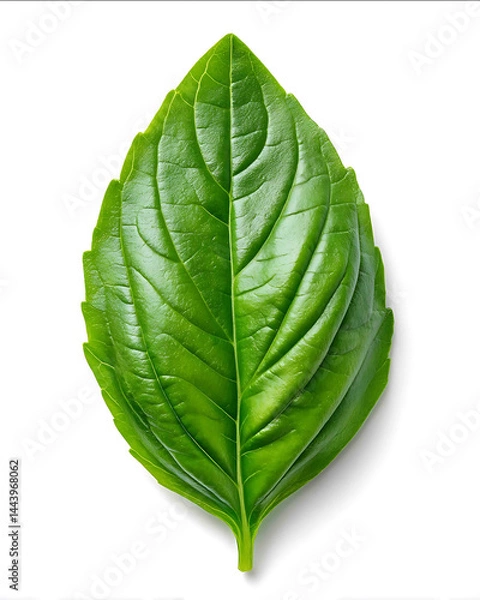 Fototapeta A single fresh Thai basil leaves perfectly shaped with vibrant natural color isolated on a pure white background with no shadow Hyperrealistic texture clean lighting highquality pro