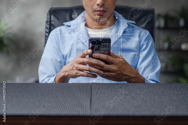 Obraz Businessman Using Smartphone for Forwarding and Logistics Tasks