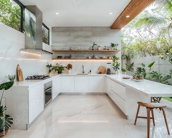 Obraz Modern open-plan kitchen with outdoor view