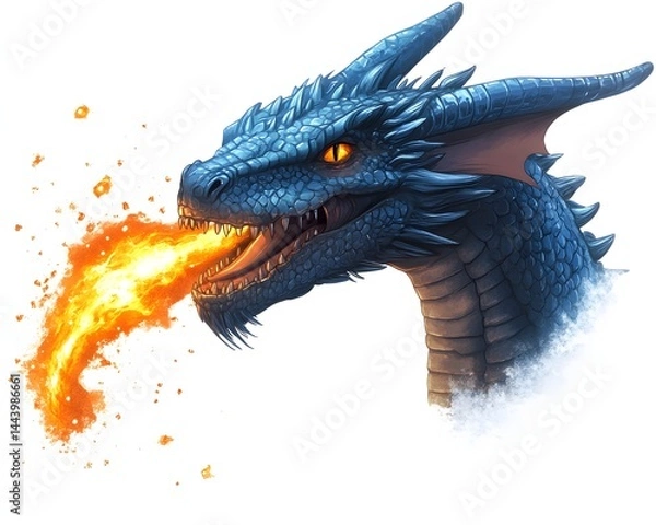 Fototapeta Head of a blue dragon spitting fire isolated on a transparent background