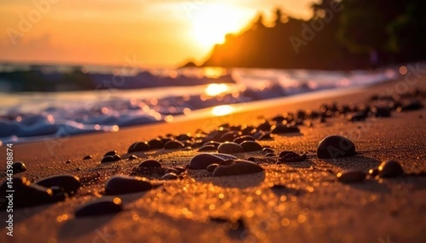 Obraz golden hour sunset beach. The sun casts a warm glow, highlighting the textures of the sand and rocks, with the gentle waves lapping at the shore