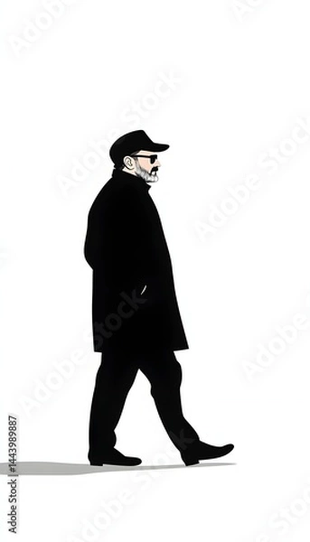 Fototapeta A stylized illustration of a man in a long coat and cap, walking, profile view against a white background