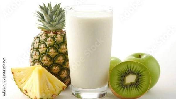 Fototapeta Tall glass of smoothie placed beside a sliced kiwi, pineapple, and green apple combo