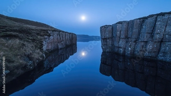Obraz The moon and stars reflected in a remote mountain tarn with cliffs surrounding the still water