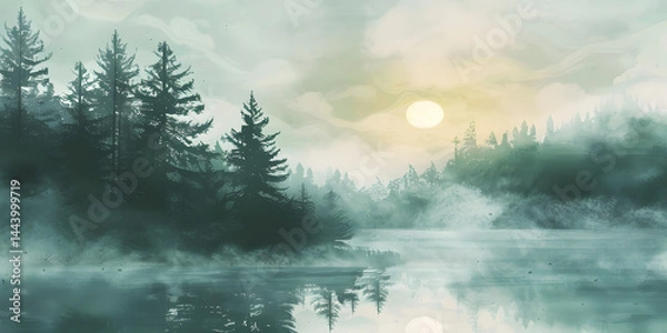 Obraz Serene misty lake with silhouetted pines and soft sunrise glow