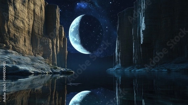 Obraz The moon and stars reflected in a remote mountain tarn with cliffs surrounding the still water