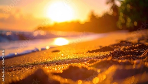 Obraz A captivating beach scene at sunset with soft sand and water
