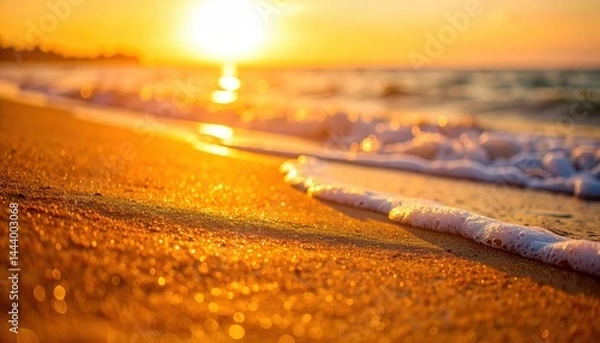 Obraz Golden light on a sun-kissed sandy beach, waves gently rolling in and a radiant sunset in the distance. It is a perfect scene to feel relaxed and at peace 