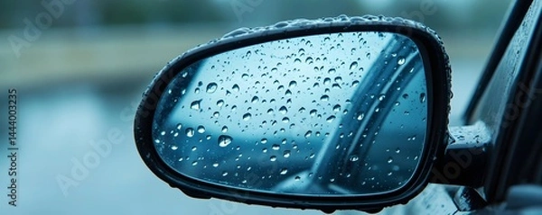 Fototapeta In bad weather, raindrops on the side mirror of an automobile decrease visibility, evoking relaxed elegance