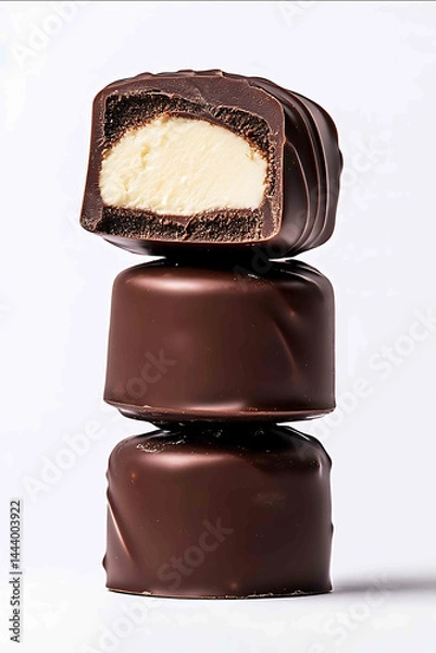 Fototapeta center point composition of Premium gourmet photography front view of three delicious chocolate bonbons one on top of the other and one split in half filled with brown cream in vari