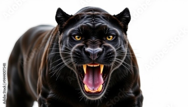 Fototapeta Aggressive black panther roaring in studio environment captivating animal photography intense close-up view