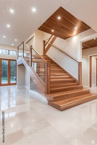Fototapeta Elegant modern staircase with wood treads, glass railing, and recessed lighting in a spacious foyer with polished floors and large windows