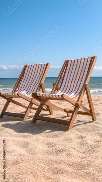 Fototapeta Two red-and-white striped beach chairs on a sandy beach under a clear blue sky