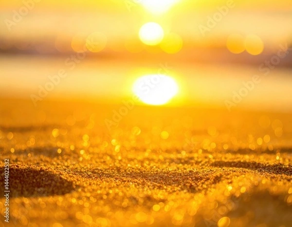 Obraz a breathtaking sunset over a sandy beach, casting a golden glow over the landscape. The sun is setting below the horizon, reflecting off the water in a beautiful way 