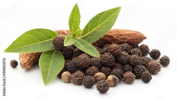 Fototapeta Sichuan peppercorn with leaves on a white background