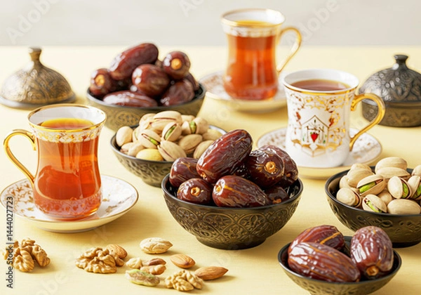 Obraz Table Setting with Dates, Nuts, and Tea