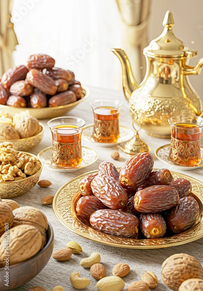 Fototapeta Table Setting with Dates, Nuts, and Tea
